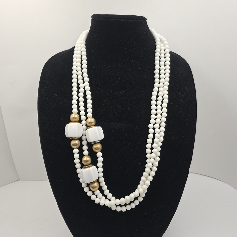 Dauplaise VTG White Beaded Necklace 30" Gold Tone Long Statement Modernist